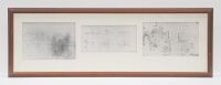 WALL DISPLAYS: A group of seven framed & glazed wall prints each containing reproduced early Porsche blueprint mechanical diagrams, six approx measure 47cm high, 138cm wide, one smaller print containing Rennwagen diagrams, 43cm high, 41cm wide overall - 5