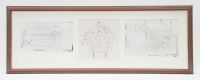 WALL DISPLAYS: A group of seven framed & glazed wall prints each containing reproduced early Porsche blueprint mechanical diagrams, six approx measure 47cm high, 138cm wide, one smaller print containing Rennwagen diagrams, 43cm high, 41cm wide overall - 6