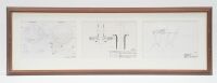 WALL DISPLAYS: A group of seven framed & glazed wall prints each containing reproduced early Porsche blueprint mechanical diagrams, six approx measure 47cm high, 138cm wide, one smaller print containing Rennwagen diagrams, 43cm high, 41cm wide overall - 7