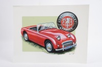 AUSTIN HEALEY: A colour print of an Austin Healey 'Bugeye' sprite, 28cm high, 35.5cm wide