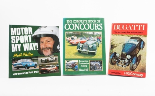 MOTORING: Three books including 'Bugatti - 'Le pur-sang des automobiles' by HG Conway, along with a book on Concours and one on Motorsport