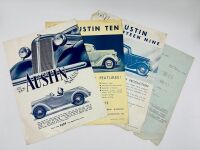 AUSTIN: A group of three single page Sales Brochures for the 10, 15 and Wasp models, together with a 1939 price list [Location: Sydney]