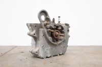 A group of Royal Enfield assorted parts, including frame, 4 wheels, two front ends, two front guards and engine cases - 5