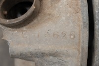 A group of Royal Enfield assorted parts, including frame, 4 wheels, two front ends, two front guards and engine cases - 7