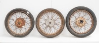 A group of wheels, 2 fronts and one rear, various conditions, believed to be a European-style replica similar to Velocette style