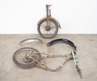 A collection of BSA Bantam items include frame, forks and wheels