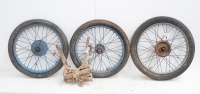 A collection of BSA Bantam items including 3 wheels, rear suspension units and crash bars