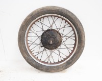 A 1950s 19" British front wheel, possibly BSA/Triumph, turns, with hub and brake plate - 3
