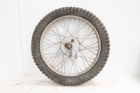 A circa 1940s 19" rear wheel, 5" brake drum, with hub and sprocket, turns