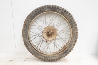 A circa 1940s 19" rear wheel, 5" brake drum, with hub and sprocket, turns - 3