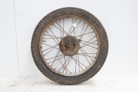 A circa 1940s 19" rear wheel, likely BSA C11, 5" brake drum, with hub and sprocket, turns