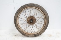 A circa 1940s 19" front wheel, likely BSA C10, 5" brake drum with hub, turns
