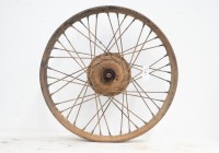 A 19" rear wheel, possibly BSA C10/C11, with brake plate, doesn't turn