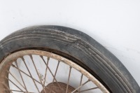 Two front wheels (19" & 20" with tyres) with finned brake drums, one with bearings - possible early Triumph Speed Twin - 2