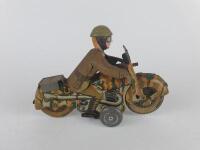 MILITARY: Military Motorcycle by Mettoy UK with flint gun, camouflaged, 19 cms, c1940s with later replacement head - 2