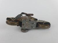 MILITARY: Military Motorcycle by Mettoy UK with flint gun, camouflaged, 19 cms, c1940s with later replacement head - 8