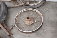 A group of Royal Enfield assorted parts, including frame, 4 wheels, two front ends, two front guards and engine cases - 2