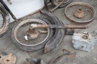 A group of Royal Enfield assorted parts, including frame, 4 wheels, two front ends, two front guards and engine cases - 3
