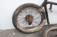 A group of Royal Enfield assorted parts, including frame, 4 wheels, two front ends, two front guards and engine cases - 4