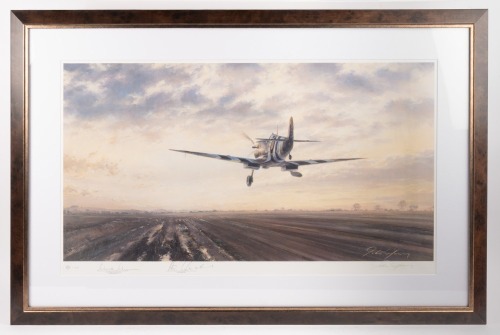SPITFIRE: A limited edition print (416/495) by John Young featuring a RAF Mk. IX Spitfire titled 'D-Day, A New Dawn for Europe', signed by lengendary pilot Johnnie Johnson and Alex Henshaw MBE, mounted, framed and glazed, 65cm high, 98cm wide overall