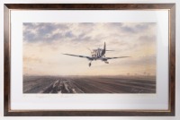 SPITFIRE: A limited edition print (416/495) by John Young featuring a RAF Mk. IX Spitfire titled 'D-Day, A New Dawn for Europe', signed by lengendary pilot Johnnie Johnson and Alex Henshaw MBE, mounted, framed and glazed, 65cm high, 98cm wide overall