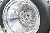 F5000: Two large & impressive twin polished side aluminum F5000 rear wheels, believed to have been removed from a Lola, great for car or table bases - 4