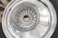 F5000: Two large & impressive twin polished side aluminum F5000 rear wheels, believed to have been removed from a Lola, great for car or table bases - 5