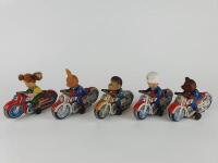 NOVELTY: Five novelty motorcycles, mostly by HAJI Japan c1960s, friction, all 13 cms. - 2