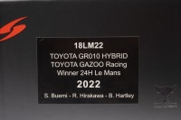 TOYOTA GR010 HYBRID: A 1:18 scale Toyota GR010 hybrid, the number #8 race car as raced to victory by Toyota Gazoo racing in the 2022 Le Mans 24 hour, with a driver combination of Buemi - Hirakawa - Hartley - 2