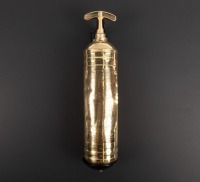 FIRE EXTINGUISHER: A vintage brass 'Pyrene' fire extinguisher made in England, distributed in Australia by agent Harrisons Ramsay, with mounting bracket affixed, 35cm long [Location: Melbourne]