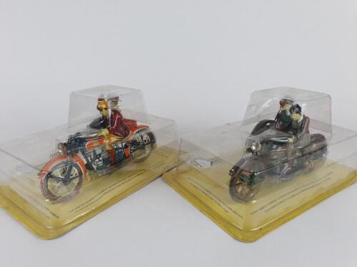 CLASSIC: Two Paya reissues of classic Motor Cycle & Sidecar toys from the original castings,tinplate & clockwork.