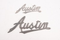 AUSTIN: Two Austin radiator script badges, includes a 21.5cm long badge and a smaller 13cm long badge [Location: Melbourne]