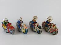 POLICE: Four HAJI Japan c1960s friction motorcycles, one civilian & three Police, 2 with celluloid heads, all 21 cms.