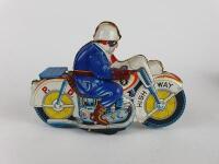 POLICE: Four HAJI Japan c1960s friction motorcycles, one civilian & three Police, 2 with celluloid heads, all 21 cms. - 16