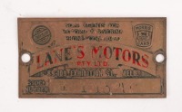 LANE'S MOTORS: A rare Lane's Motors of Exhibition St. Melbourne stock number ID plate, numbered '8113 TC', 3.5cm high, 7cm wide [Location: Melbourne]