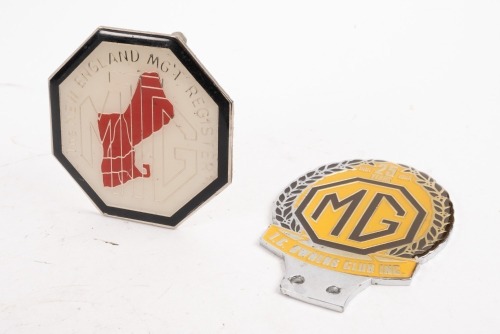 MG: Two MG related badges, includes an MG T.C. Owners Club Inc. 25th anniversary 1961-1986 badge and a MG The New England MG 'T' Register badge [Location: Melbourne]
