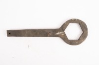 WRENCH: A large heavy hexagonal wrench spanner, inscribed on side '3 Inch high lift 'R' valves', inside width 10.5cm, length 47.5cm [Location: Melbourne]