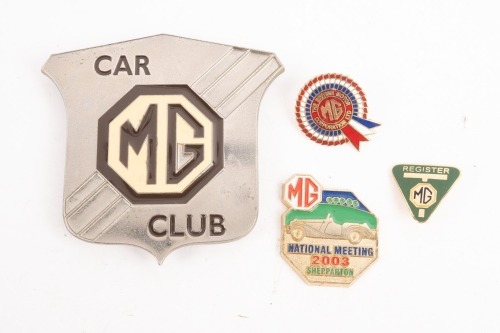 MG: Four MG related badges, includes an MG Car Club badge, a small rosette badge, a small triangular MG Register badge and an MG 2003 National Meeting Shepparton badge [Location: Melbourne]
