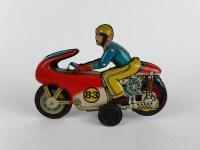 MILITARY: Military bike by Modern Toys Japan plus Racing 83 bike by Oriental Metal Industries India, both friction & 1970s. - 8