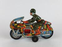 MILITARY: Military bike by Modern Toys Japan plus Racing 83 bike by Oriental Metal Industries India, both friction & 1970s. - 11