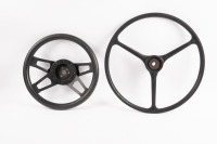 STEERING WHEELS: Two steering wheels, one thought to suit a tractor, 43.5cm wide and one thought to suit a racing car, 34cm wide [Location: Melbourne]