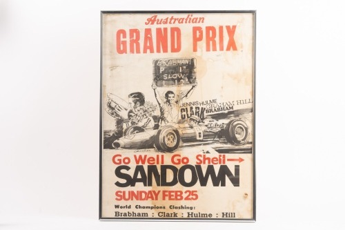TASMAN SERIES: A rare original poster promoting the 1968 AGP which was round seven of the Tasman Series, poster features Brabham on the scoreboard and mentions Denny Hulme, 55cm high, 41cm wide
