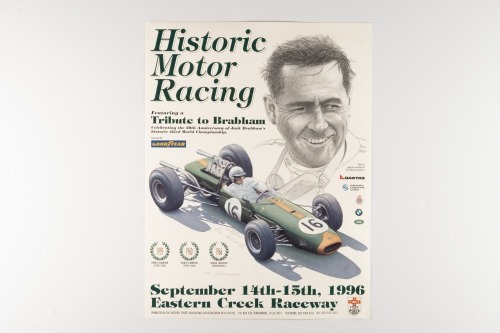 EASTERN CREEK: An attractive poster with artwork by Brian Caldersmith for the 'Tribute to Brabham' event 1996, hand signed by artist Brian and Ron Tauranac, 55cm high, 42cm wide