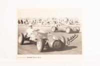 REDEX SPECIAL: A signed reproduced photograph of Jack Brabham in his (Cooper Bristol) Redex Special, hand signed by Sir Jack, image 18cm high, 25cm wide