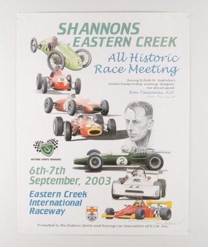 EASTERN CREEK: An attractive poster with artwork by Brian Caldersmith for the 'Tribute to Tauranac' event 2003, hand signed by artist Brian and Ron Tauranac, 55cm high, 42cm wide