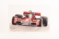 BT45: A signed print of the Martini Brabham BT45 as driven by Larry Perkins, signed in pencil by both Larry Perkins & Ron Tauranac, 30cm high, 42cm wide