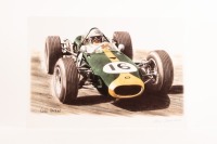 BRABHAM/TAURANAC: A print featuring Jack Brabham in 1966 Championship winning Brabham BT19, signed in pencil by constructor Ron Tauranac, 30cm high, 42cm wide