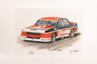 HDT: A print of the 1970s HDT Sports Sedan as driven by Bond, powered by Repco-V8, print hand signed by Ron Harrop, John Sheppard & Ian Tate, 30cm high, 42cm wide