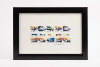 STAMP SET: A signed 12 stamp set depicting well known Australian Racing cars, one featuring a Repco-Brabham at Sandown 1966, mounted, framed & glazed, set 8cm high, 18.5cm wide