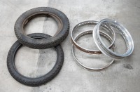 WHEELS & TYRES: Two tyres & three rims (two Dunlop steel rims, one alloy), one new K81 360H19 size tyre and other is used Avon MkII rear tyre